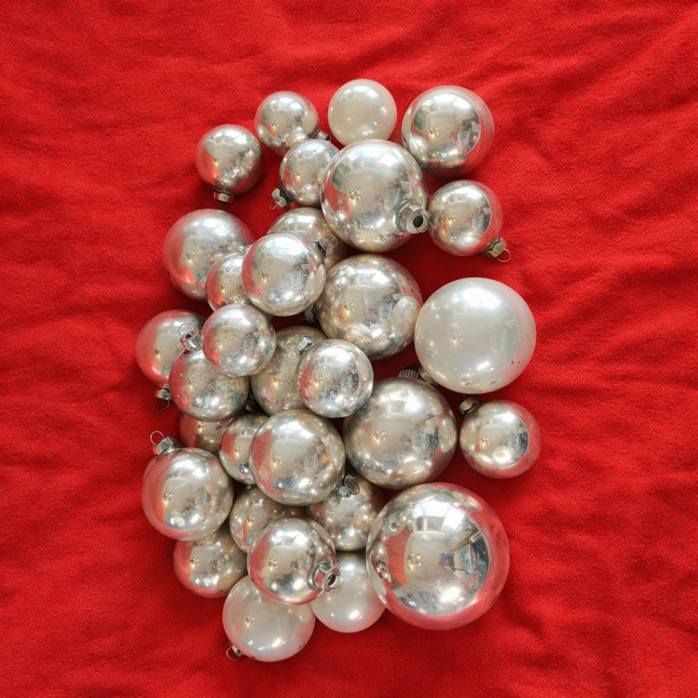 Vintage Ornaments Shiny Brite-Style Lot of 34 Silver Balls Christmas Decor MCM